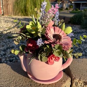 Teapot filled with Sola wood flowers and faux greenery 5”